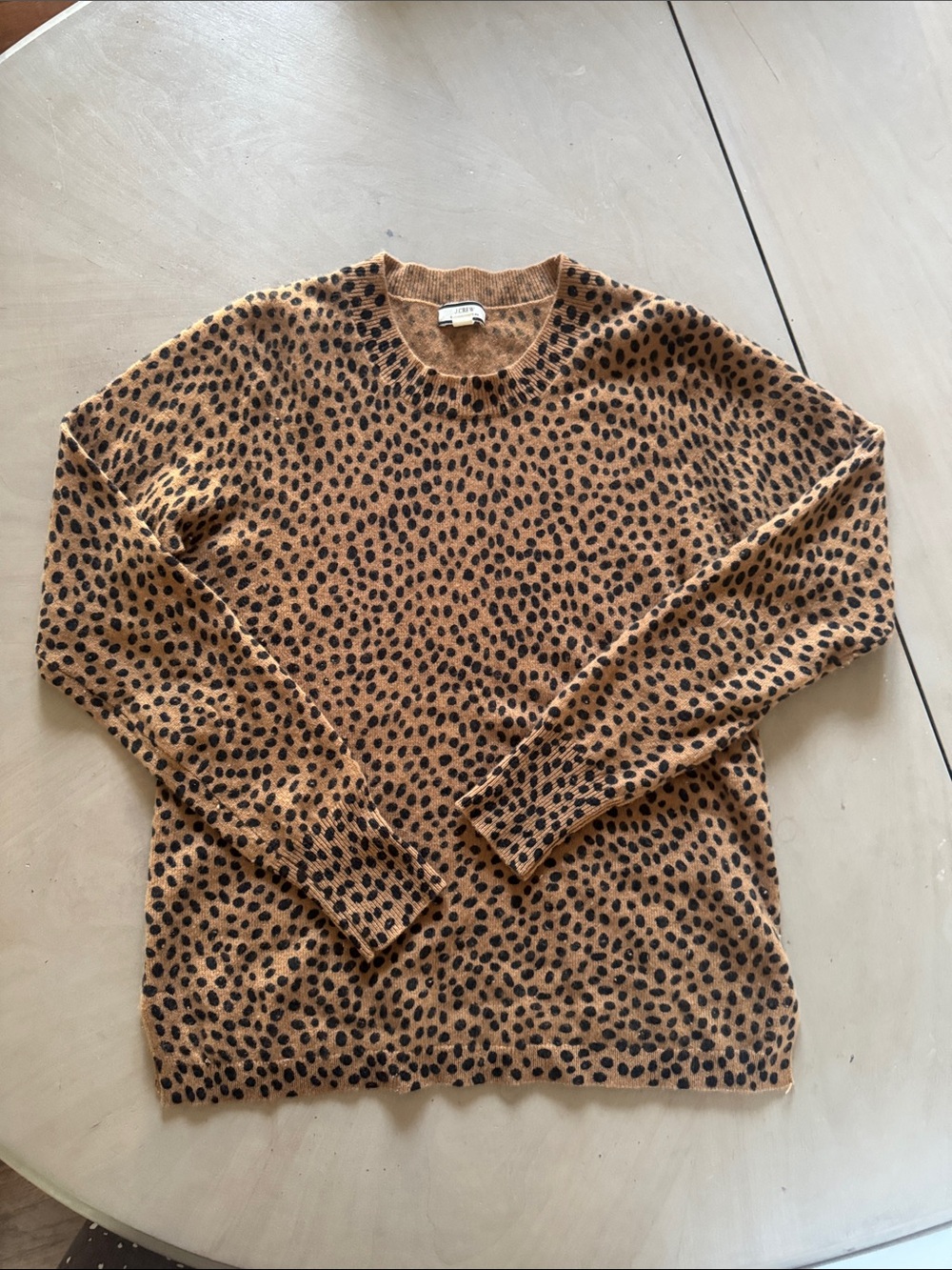 J. Crew Camel Crewneck Sweater with Black Leopard Spots